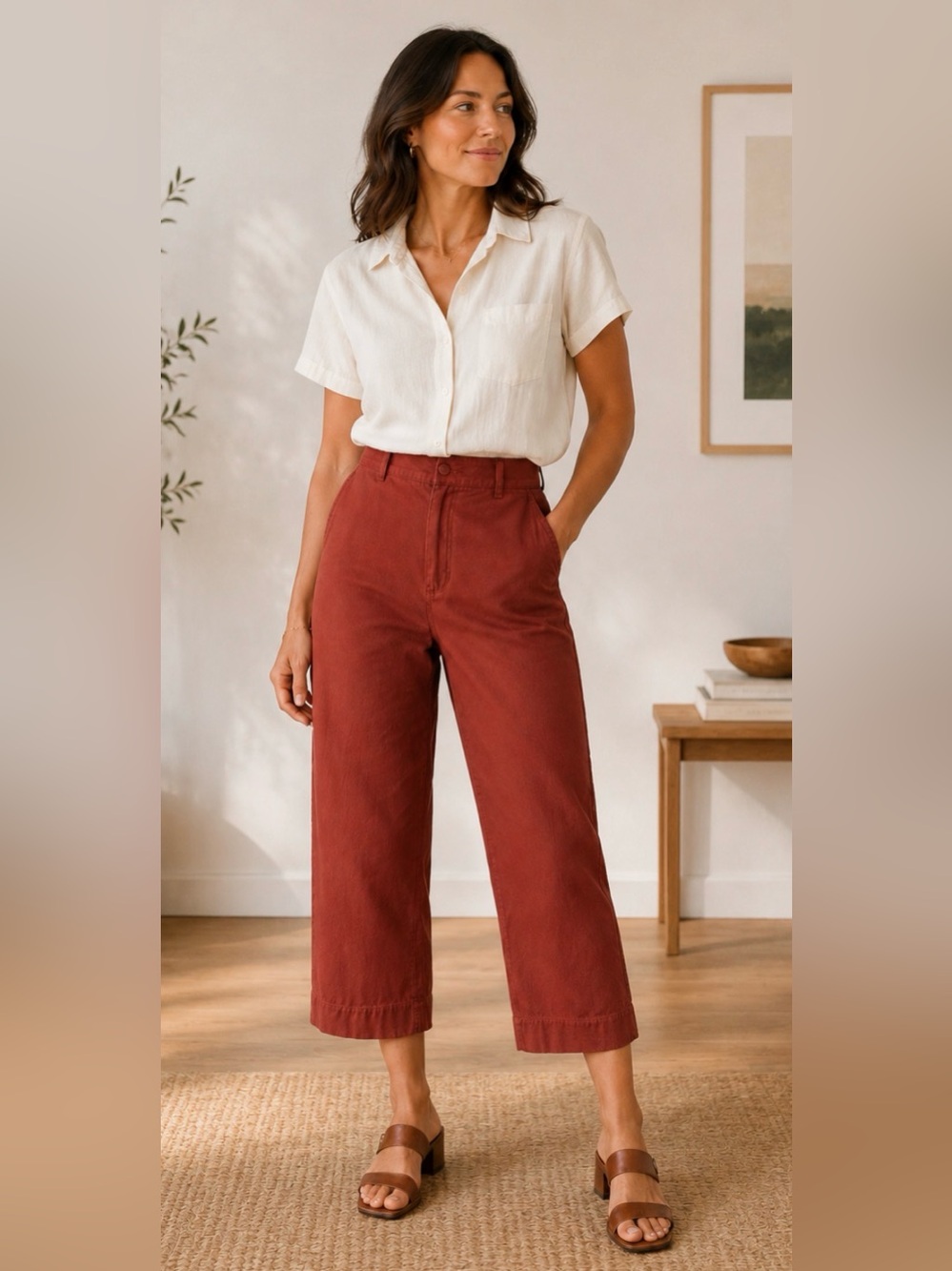 Womens Christopher & Banks Flat Front Wide Leg Cropped Pants Burnt Orange Sz 12
